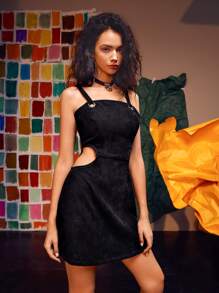 NICOLE CANDELORO 腰部鏤空燈芯絨吊帶洋裝