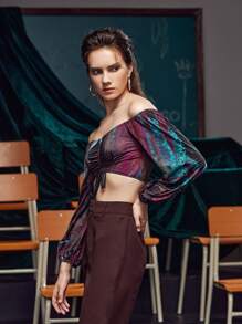 RAGLESS Top corto con estampado de dibujo de hombros descubiertos con cordón - Multicolor - Ver 3