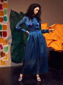 Hanchi 紙袋腰素色半身裙 - 藏蓝色 - 查看 5