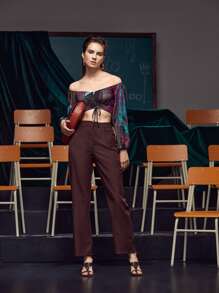 RAGLESS Top corto con estampado de dibujo de hombros descubiertos con cordón - Multicolor - Ver 4