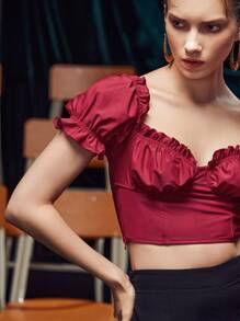 The Pearl Collective Ruched Bust Frill Trim Crop Top - Burgundy - View 3