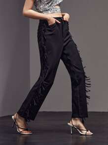 The Pearl Collective Tassel Trim Straight Leg Trousers - Black - View 3
