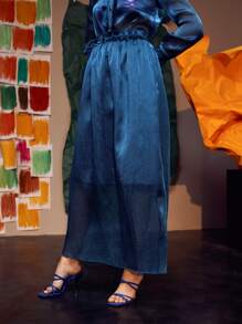 Hanchi 紙袋腰素色半身裙 - 藏蓝色 - 查看 3