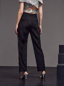 The Pearl Collective Tassel Trim Straight Leg Trousers - Black - View 2