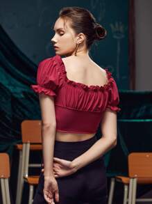 The Pearl Collective Ruched Bust Frill Trim Crop Top - Burgundy - View 2