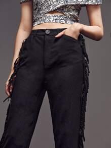 The Pearl Collective Tassel Trim Straight Leg Trousers - Black - View 4