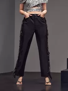 The Pearl Collective Tassel Trim Straight Leg Trousers - Black - View 1