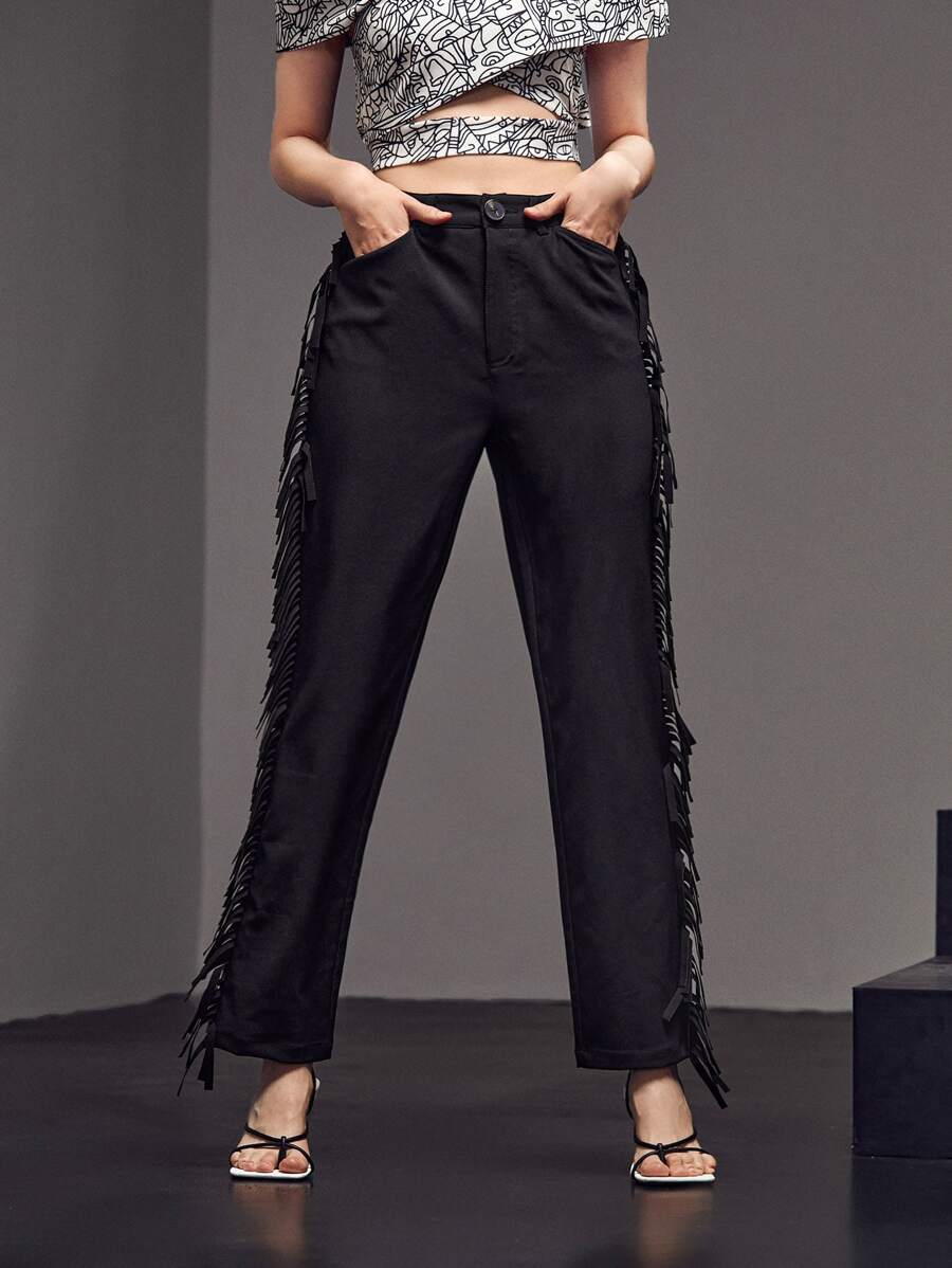 The Pearl Collective Tassel Trim Straight Leg Trousers - Black - View 1