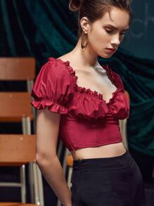 The Pearl Collective Ruched Bust Frill Trim Crop Top - Burgundy - View 5