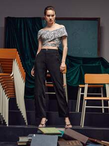 The Pearl Collective Tassel Trim Straight Leg Trousers - Black - View 5