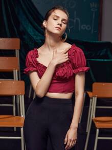 The Pearl Collective Ruched Bust Frill Trim Crop Top - Burgundy - View 6