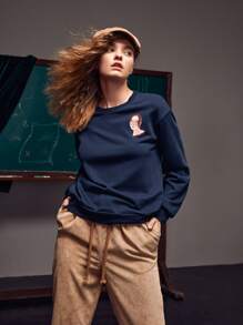 Miki Xu Figure Graphic Drop Shoulder Sweatshirt - Navy Blue - View 3