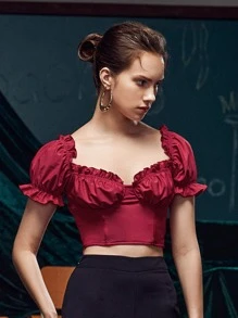 The Pearl Collective Ruched Bust Frill Trim Crop Top - Burgundy - View 1