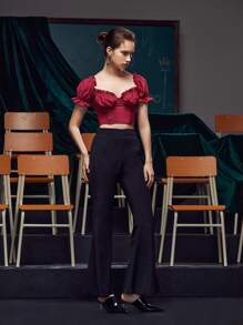 The Pearl Collective Ruched Bust Frill Trim Crop Top - Burgundy - View 7