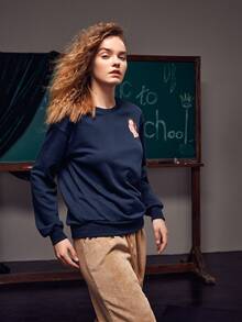 Miki Xu Figure Graphic Drop Shoulder Sweatshirt - Navy Blue - View 4