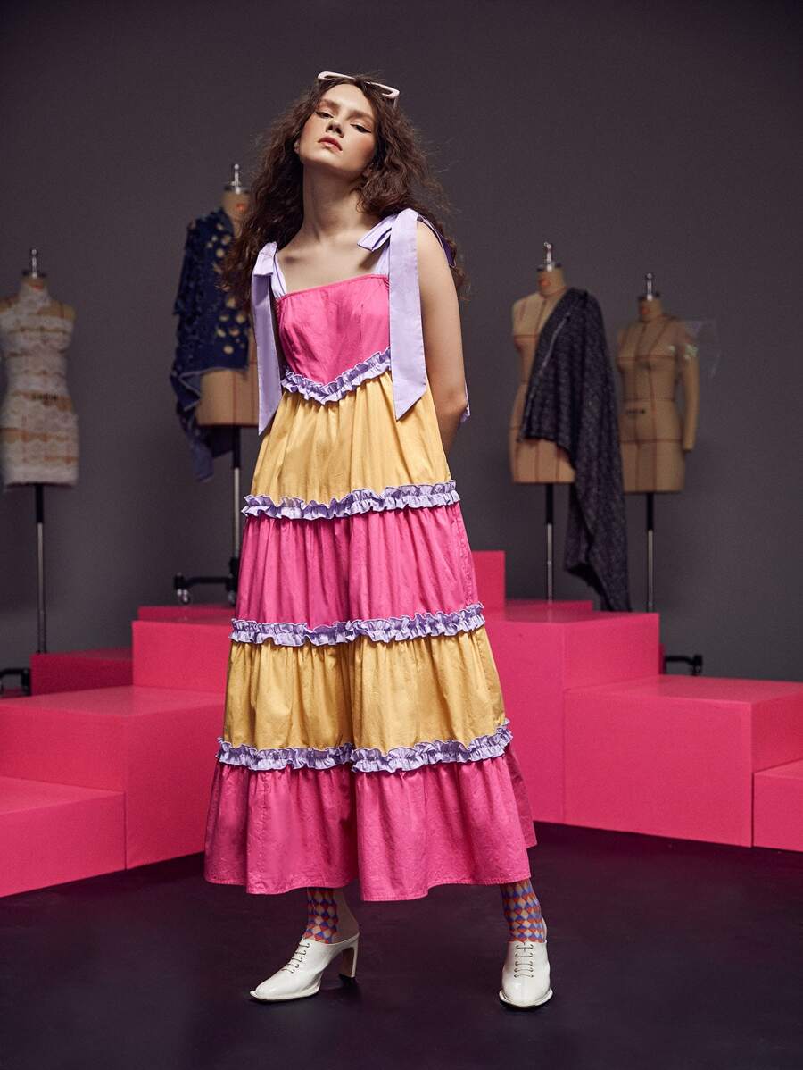 Pompi García 撞色褶邊肩部打結吊帶連衣裙 - 彩色 - 查看 1