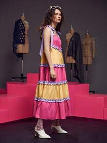 Pompi García 撞色褶邊肩部打結吊帶連衣裙 - 彩色 - 查看 6