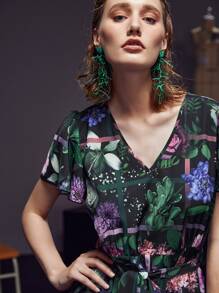 KAYLEIGH PAINE Mono con estampado floral de manga mariposa bajo con fruncido con cinturón - Multicolor - Ver 6