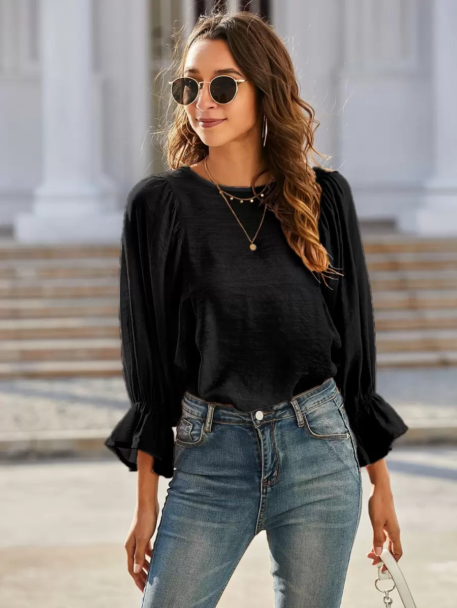 Solid Keyhole Back Flounce Sleeve Blouse - Black - View 1