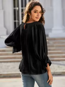 Solid Keyhole Back Flounce Sleeve Blouse - Black - View 2