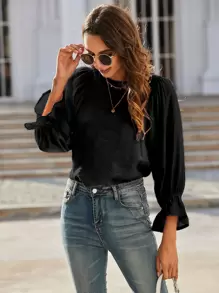 Solid Keyhole Back Flounce Sleeve Blouse - Black - View 4