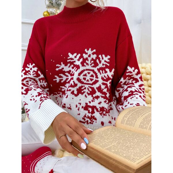 

Mock Neck Drop Shoulder Snowflake Pattern Sweater, Red and white