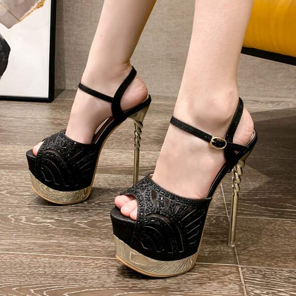 

Glitter Beaded Decor Platform Ankle Strap Sandals, Black