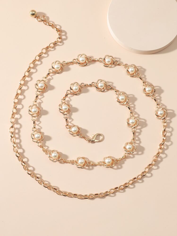 Faux Pearl Flower Decor Chain Belt Party Halloween Summer, School Fall, Autumn, Halloween - Gold - View 2