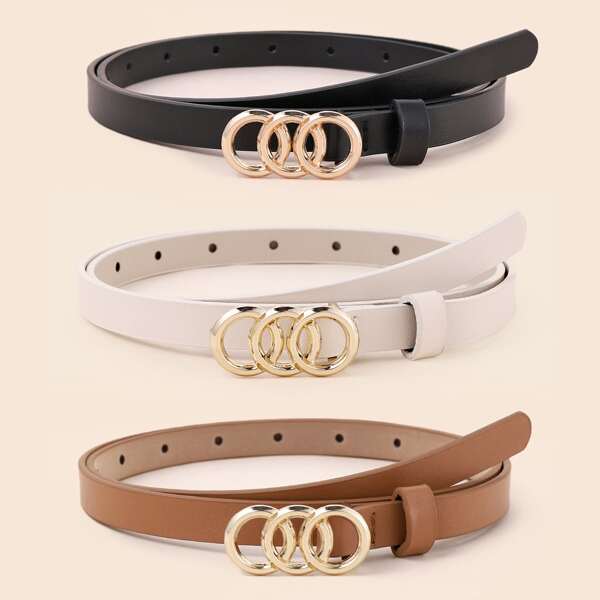 

3pcs Round Buckle Belt With Punch Tool, Multicolor