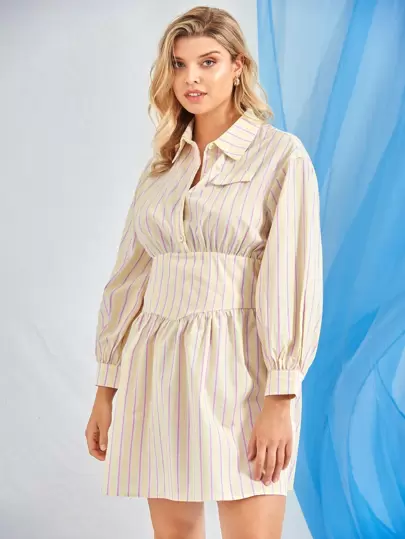 SHEIN Privé Vestido camisero con estampado de rayas con botón