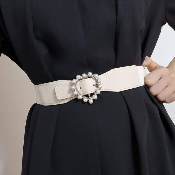 

Faux Pearl Decor Heart Buckle Belt, White