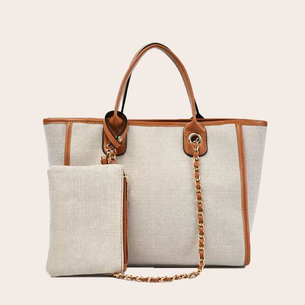 

Contrast Binding Chain Top Handle Bag With Clutch, Khaki