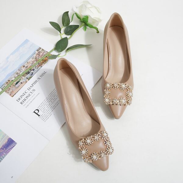 

Rhinestone Decor Point Toe Court Pumps, Apricot