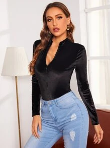 SHEIN Solid Zipper Slim Fit Velvet Bodysuit - Black - View 3