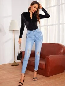 SHEIN Solid Zipper Slim Fit Velvet Bodysuit - Black - View 5