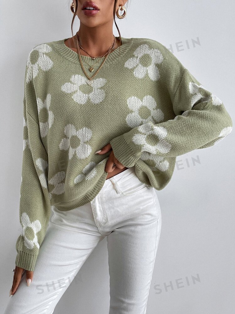 SHEIN Relaxiva Floral Pattern Drop Shoulder Sweater SHEIN USA