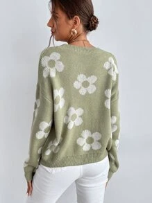 SHEIN LUNE Floral Pattern Drop Shoulder Sweater,Long Sleeve Tops Knit Pullover Fall Winter - Multicolor - View 2