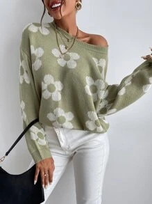 SHEIN LUNE Floral Pattern Drop Shoulder Sweater,Long Sleeve Tops Knit Pullover Fall Winter - Multicolor - View 3