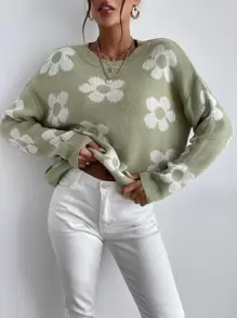 SHEIN LUNE Floral Pattern Drop Shoulder Sweater,Long Sleeve Tops Knit Pullover Fall Winter - Multicolor - View 4