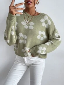 SHEIN LUNE Floral Pattern Drop Shoulder Sweater,Long Sleeve Tops Knit Pullover Fall Winter - Multicolor - View 5