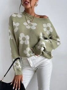 SHEIN LUNE Floral Pattern Drop Shoulder Sweater,Long Sleeve Tops Knit Pullover Fall Winter - Multicolor - View 6