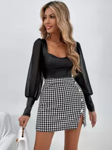 SHEIN Clasi High Waist Button Detail Slit Skirt - Black and White - View 3
