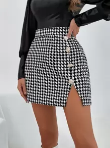 SHEIN Clasi High Waist Button Detail Slit Skirt - Black and White - View 4