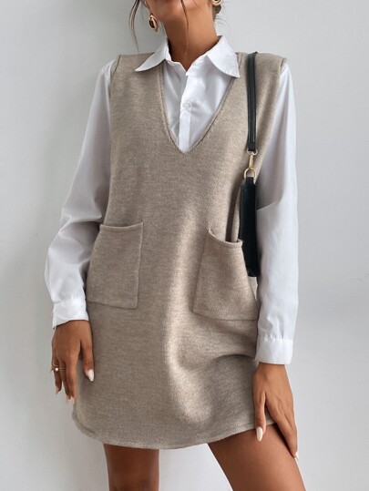 SHEIN LUNE Dual Pocket Sleeveless Sweater Dress Without Blouse