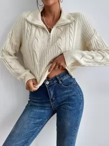 Half Zip Drop Shoulder Cable Knit Sweater