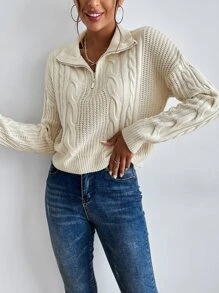 Half Zip Drop Shoulder Cable Knit Sweater