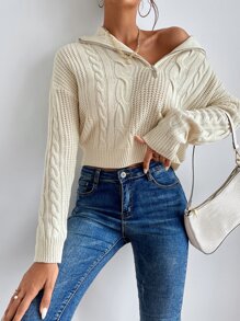 Half Zip Drop Shoulder Cable Knit Sweater