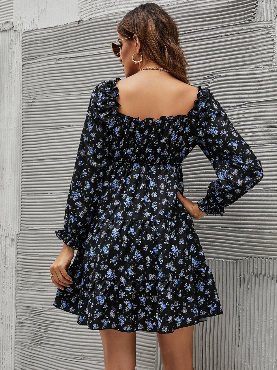 Floral Print Frill Trim Flounce Sleeve Ruffle Hem Dress