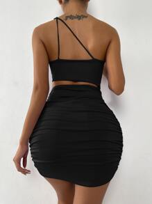 Chiquease One Shoulder Cut Out Ruched Bodycon Dress - Black - View 2