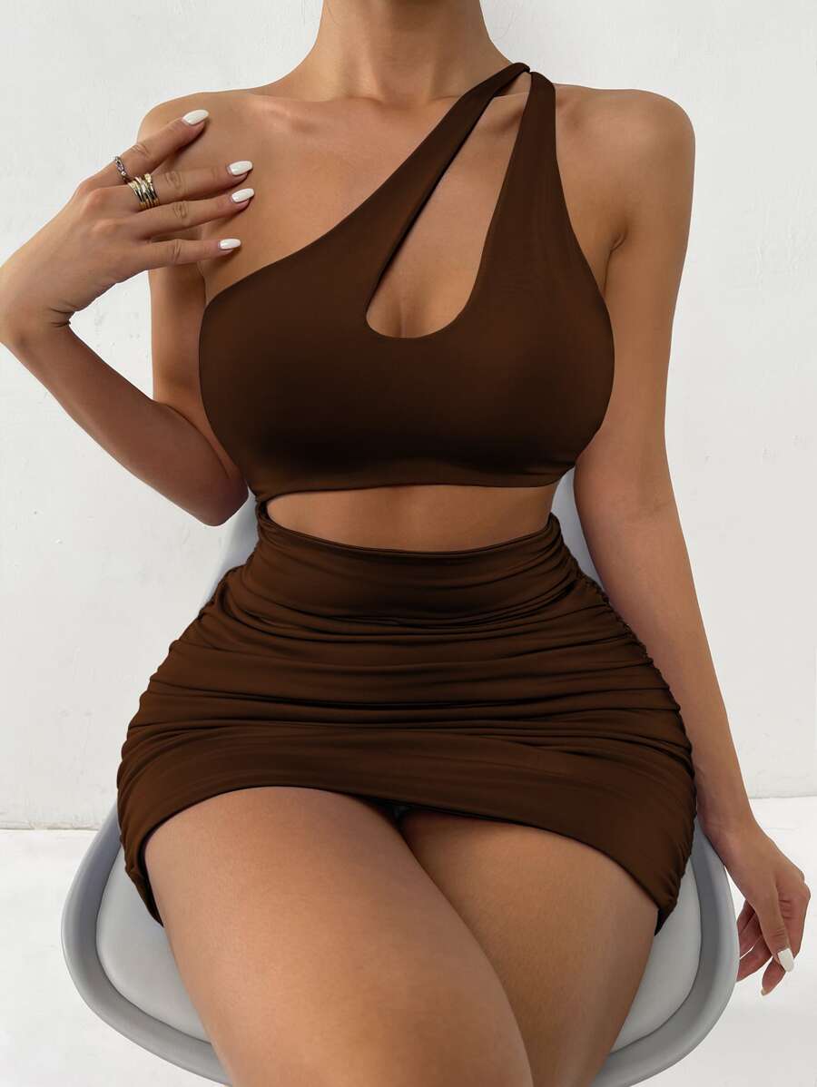 SHEIN SXY One Shoulder Cut Out Ruched Bodycon Dress - Chocolate Brown - View 1